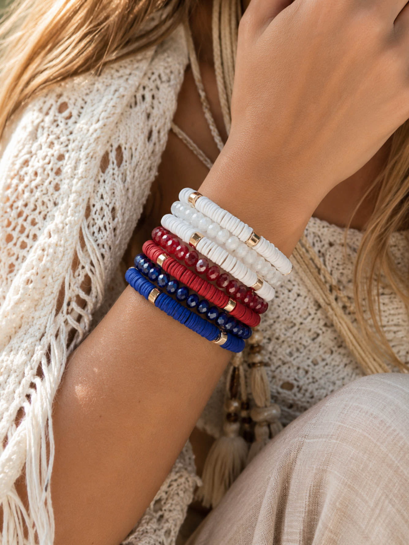 White, Red And Blue Heishi Beaded Bracelet Set