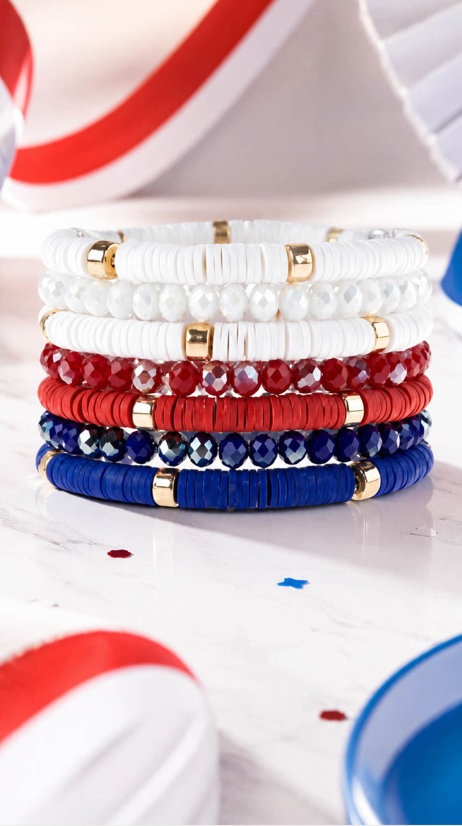 White, Red And Blue Heishi Beaded Bracelet Set