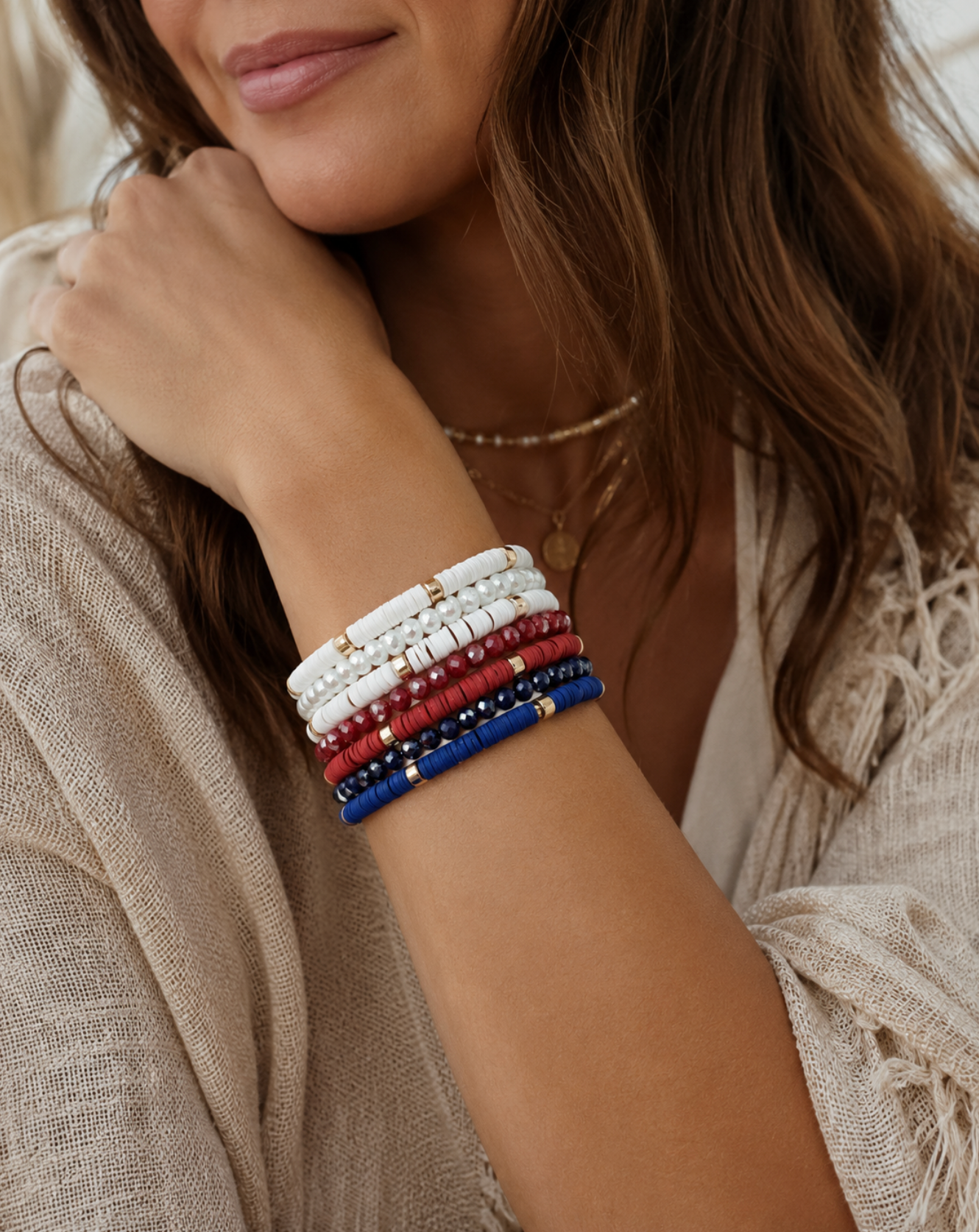 White, Red And Blue Heishi Beaded Bracelet Set