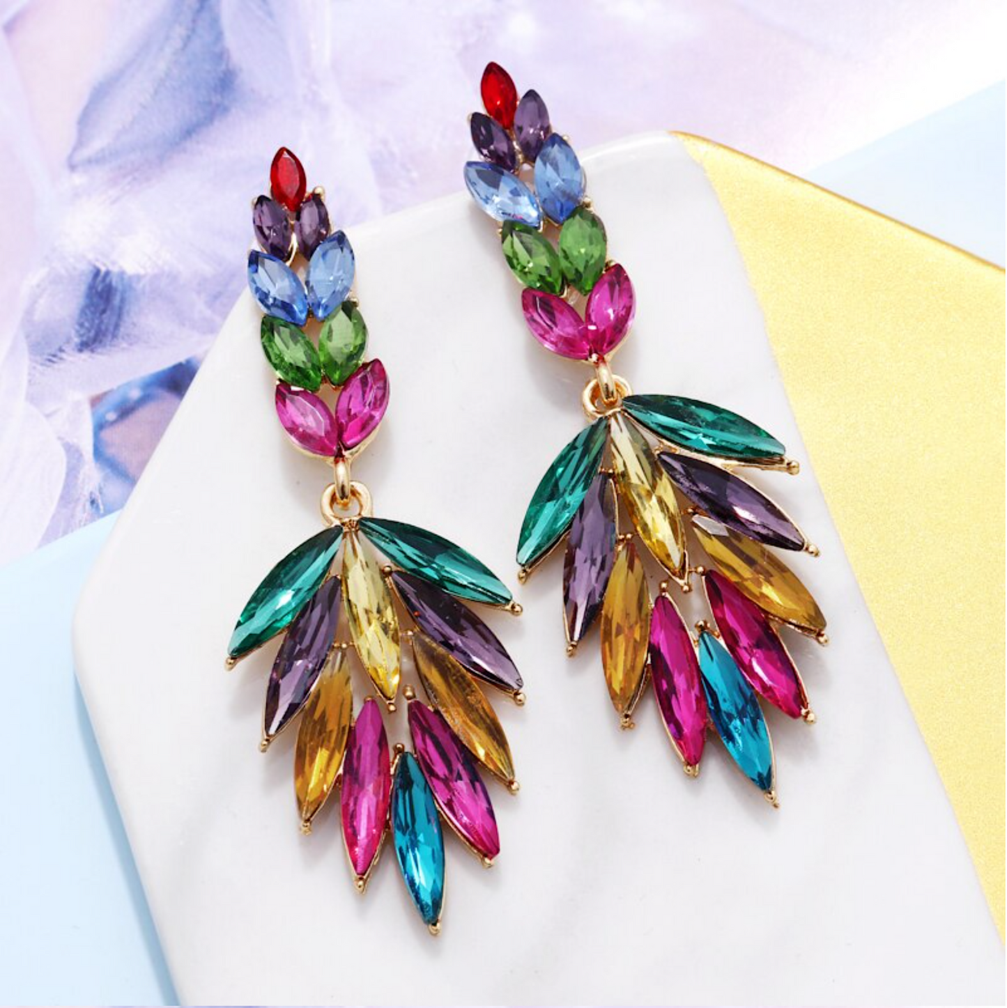 Green And Pink Crystal Leaf Drop Earrings