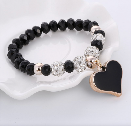 Black Crystal Shamballa Beaded Heart Bracelet