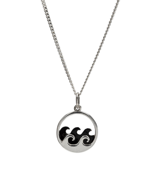 Black & Sterling Silver Circle Wave Pendant Necklace