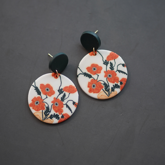 Black & White Poppy Flower Circular Drop Earrings