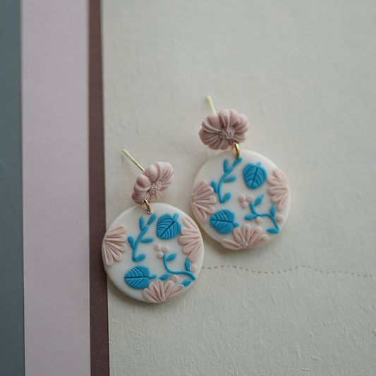 White & Pink Floral Circle Drop Earrings