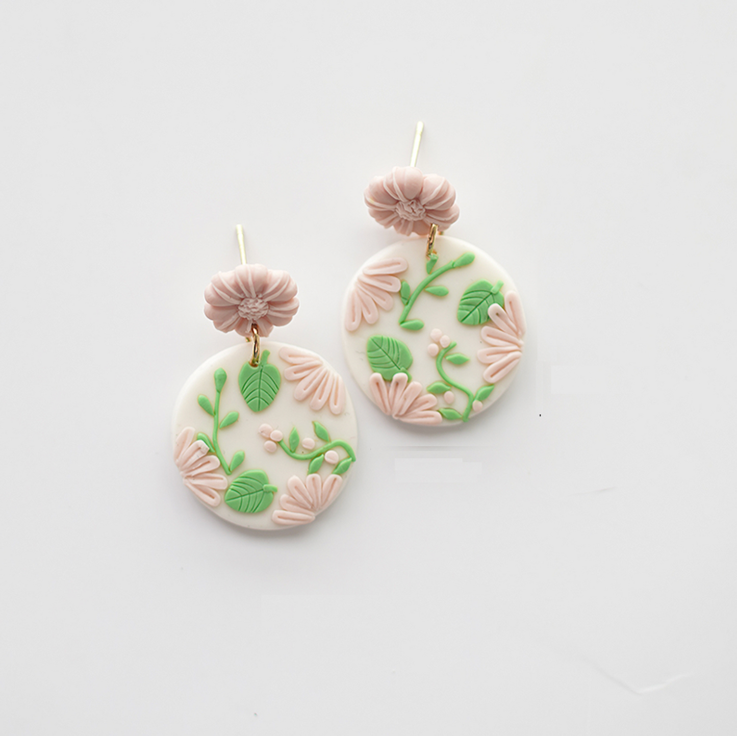 Pale Pink Floral & Greenery Circular Clay Drop Earrings