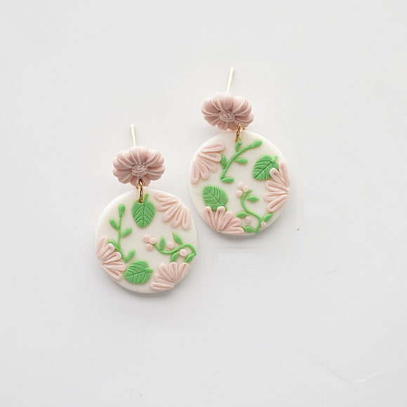 Pale Pink Floral & Greenery Circular Clay Drop Earrings