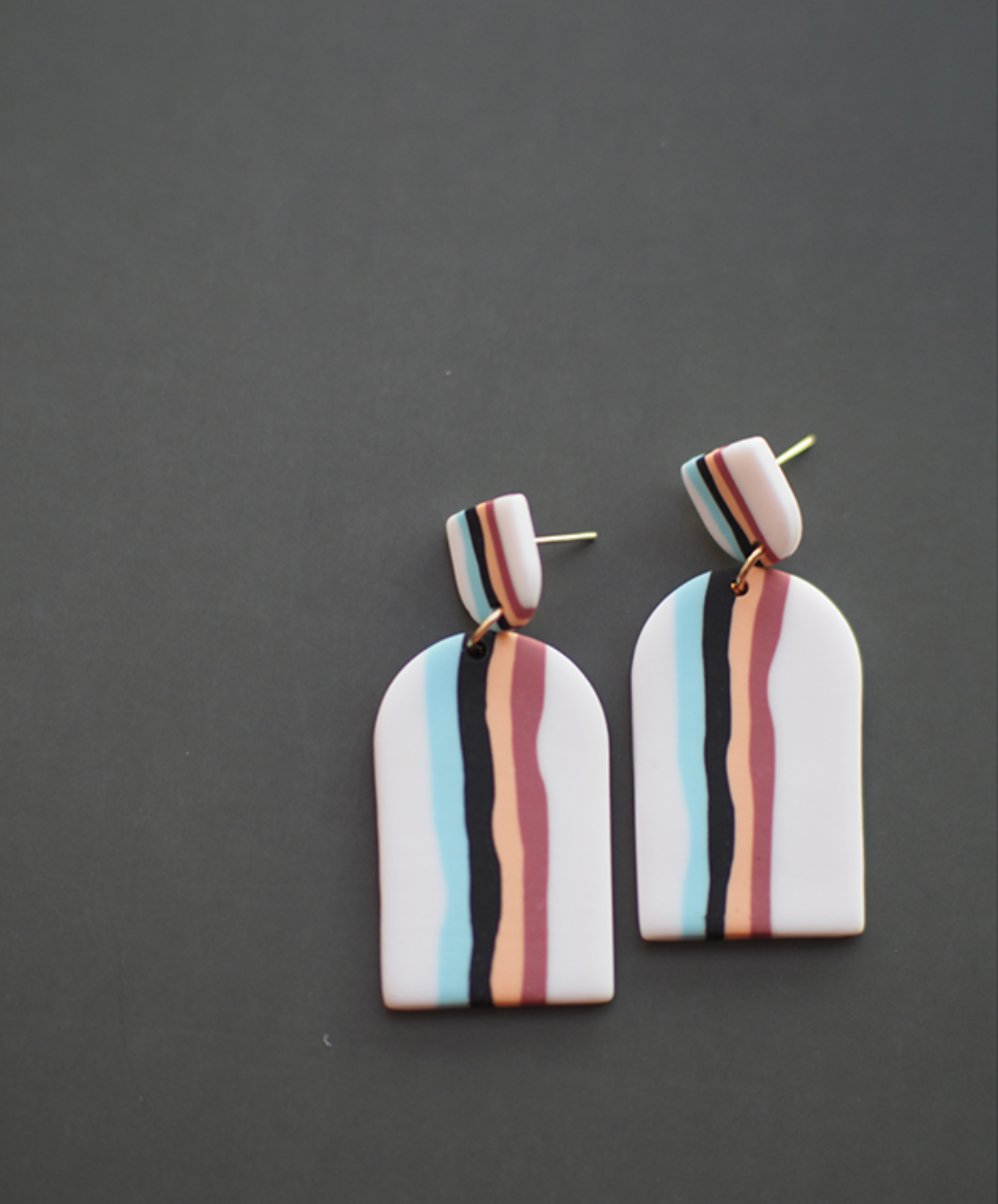 Multi Colored & White Organic Striped Arched Clay Earrings