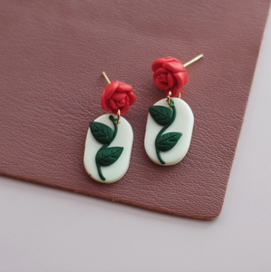 White & Red Rose Flower Oval Drop Earrings
