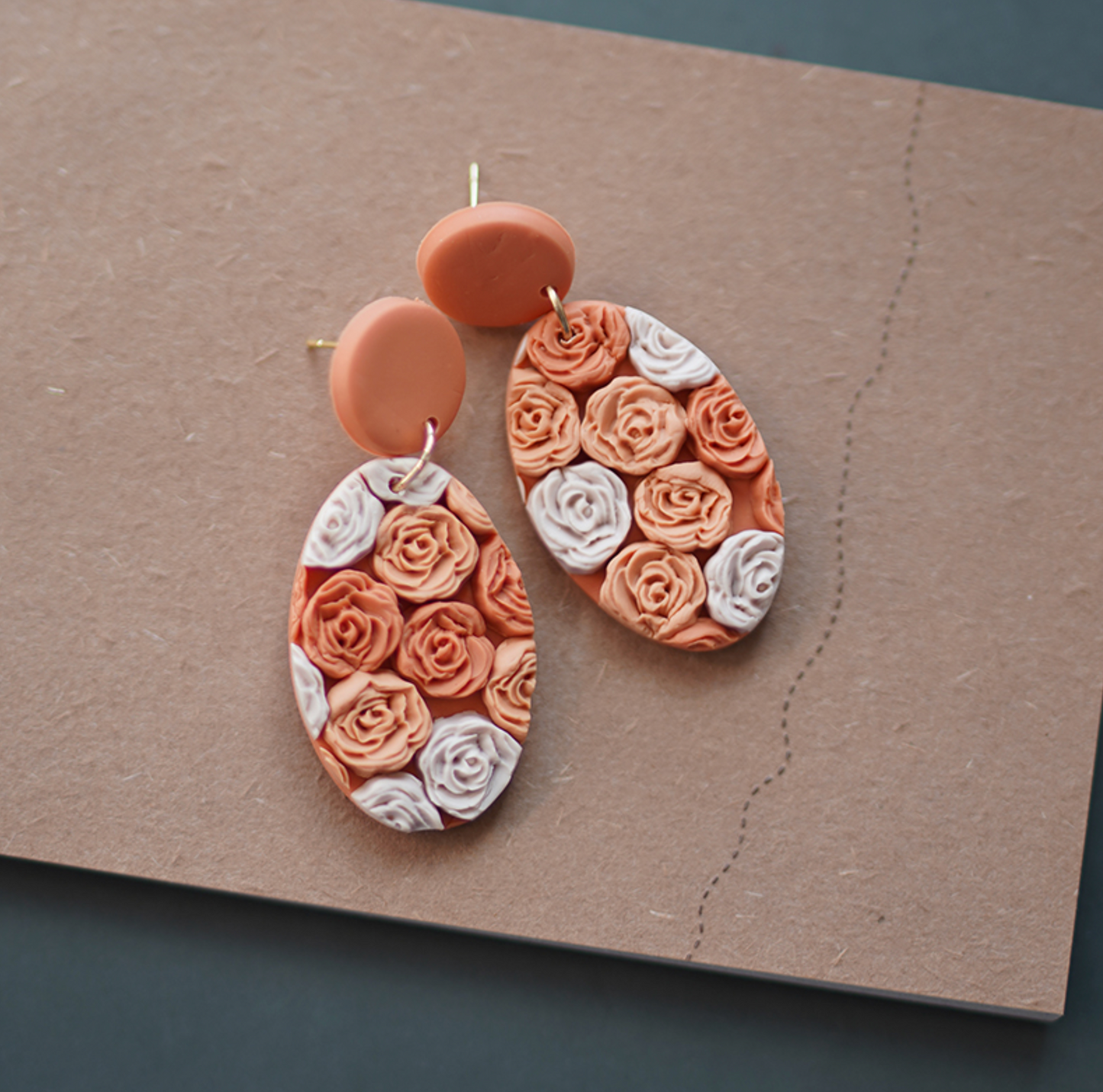 Terracotta Oval Rose Floral Clay Drop Earrings