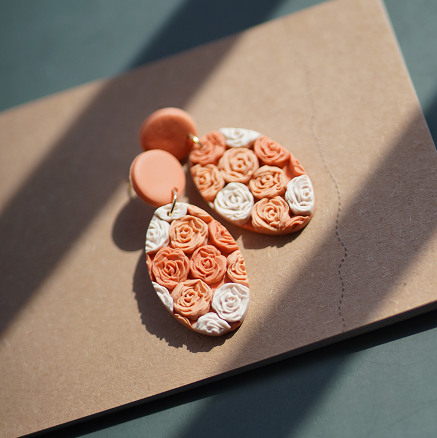 Terracotta Oval Rose Floral Clay Drop Earrings