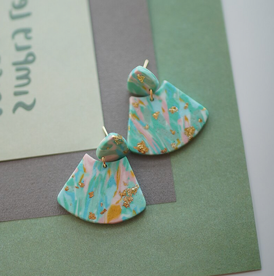 Turquoise & Goldtone Foil Fan Drop Earrings