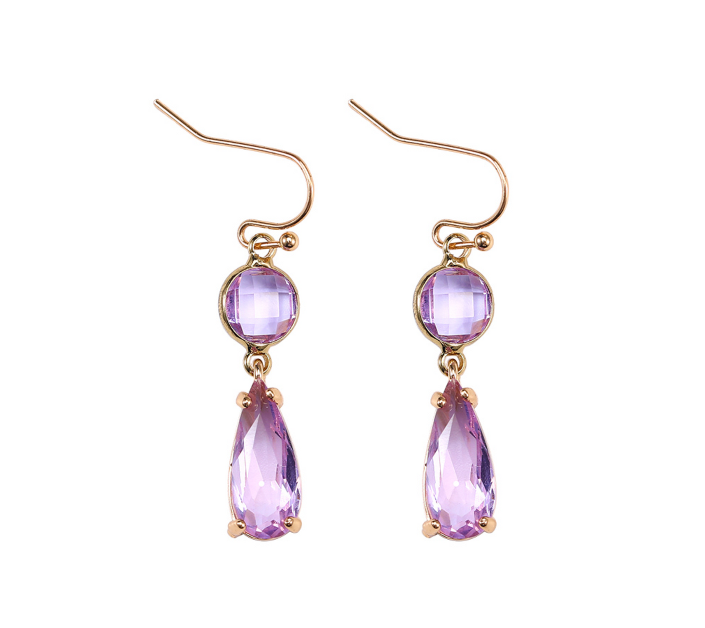 Goldtone & Purple Crystal Faceted Circular and Teardrop Drop Earrings