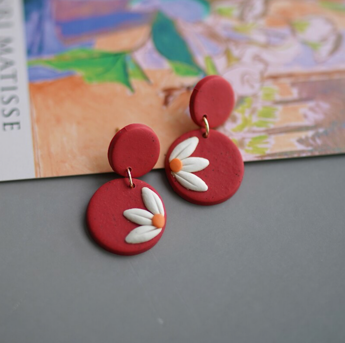 Red & Goldtone Daisy Disc Drop Earrings