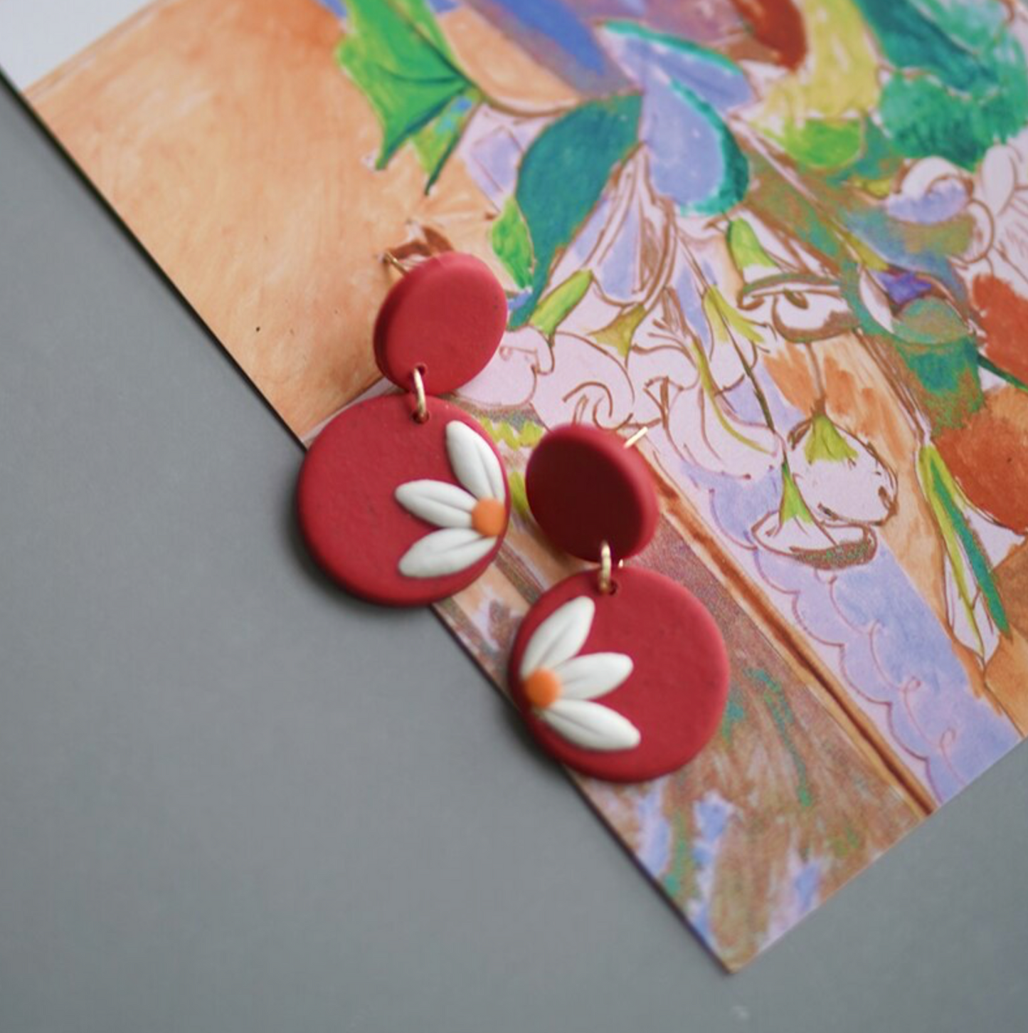 Red & Goldtone Daisy Disc Drop Earrings