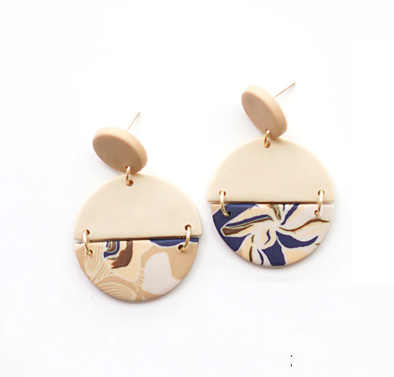 Navy & Beige Patterned Tropical Drop Earrings