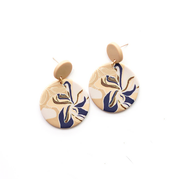 Tan & Blue Floral Clay Circular Drop Earrings