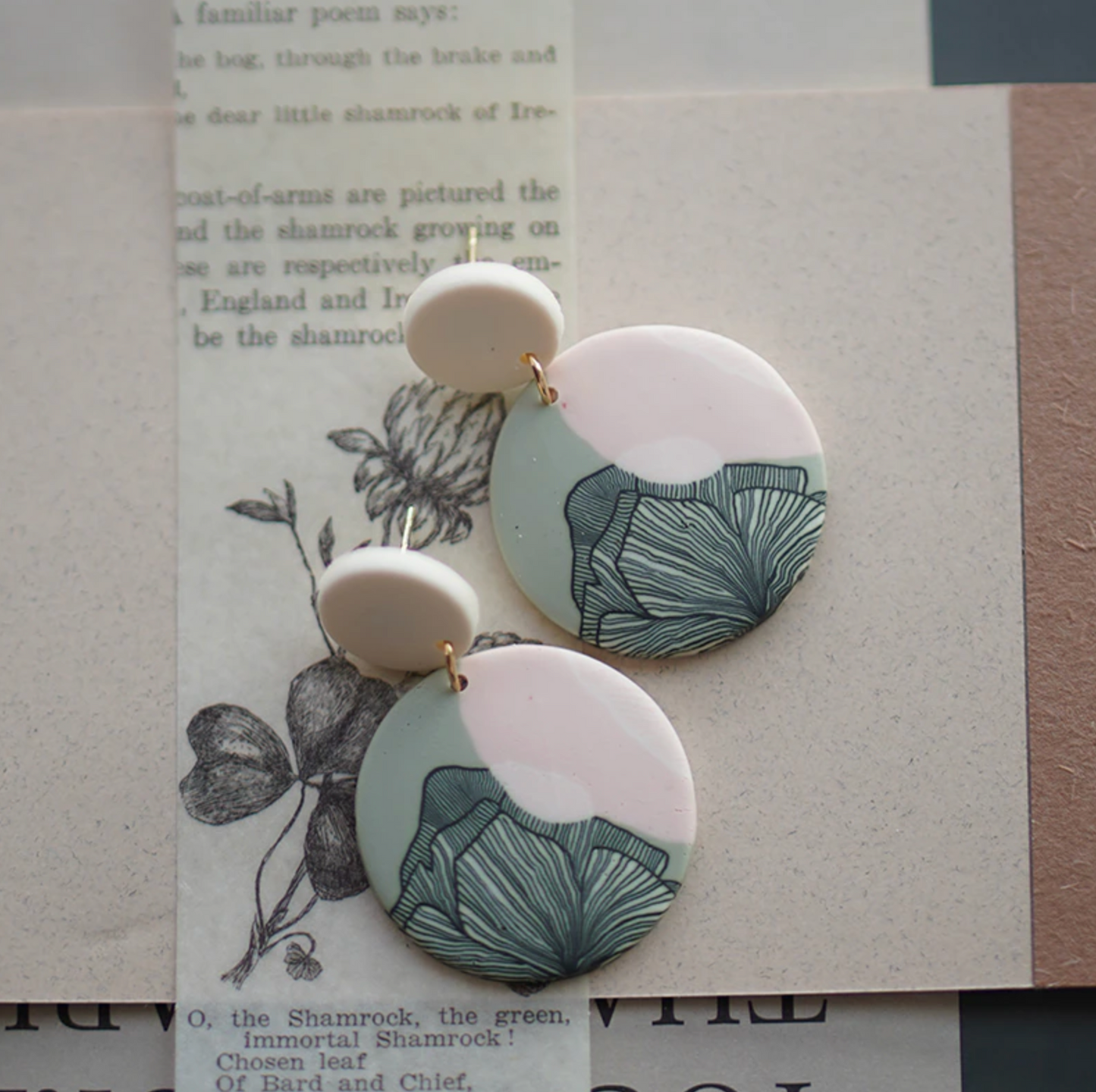 Light Pink & Sage Green Floral Circular Clay Earrings