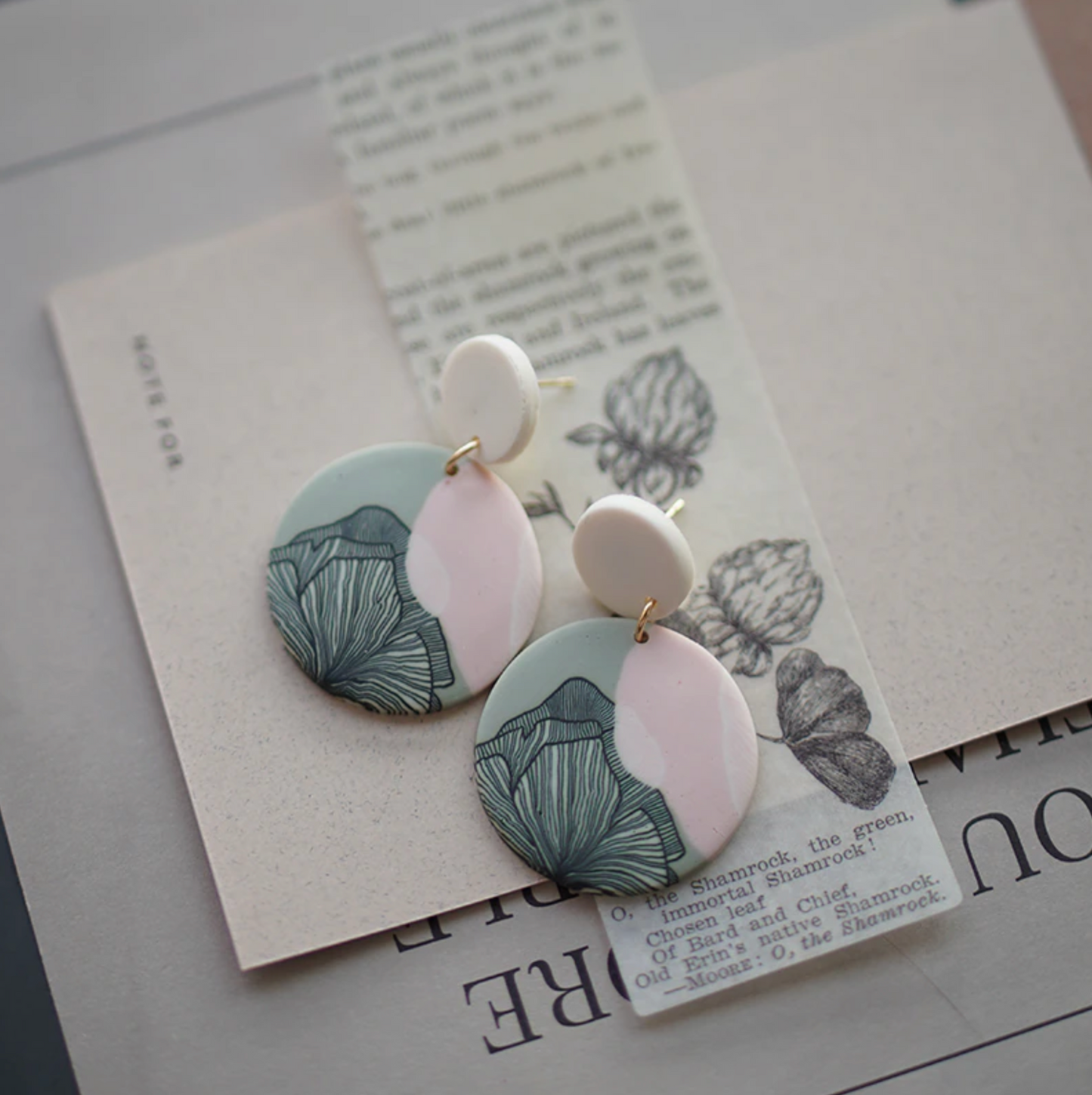 Light Pink & Sage Green Floral Circular Clay Earrings