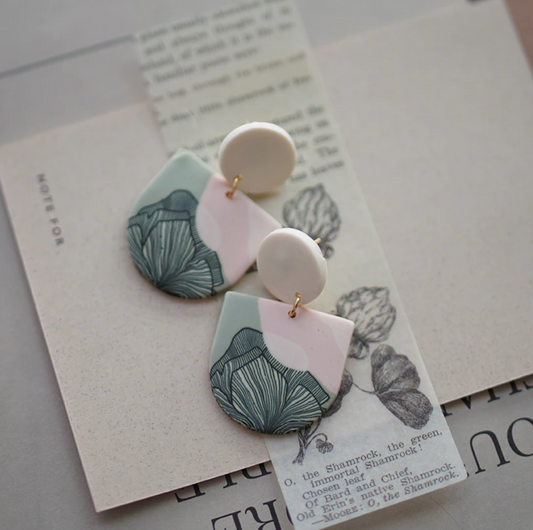 Pink & Sage Green Arched Floral Clay Earrings