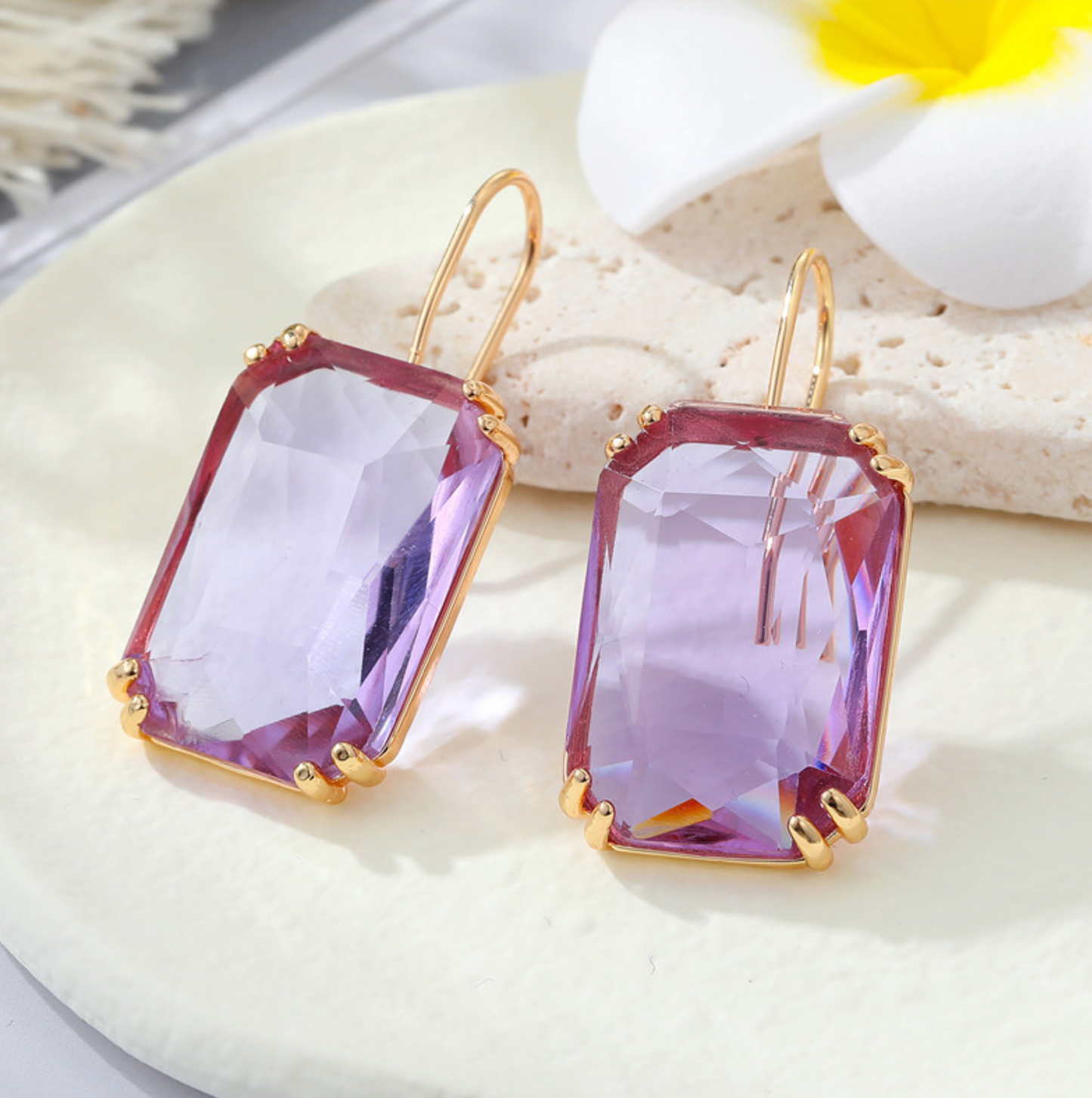 Goldtone & Colored Transparent Rectangular Earrings