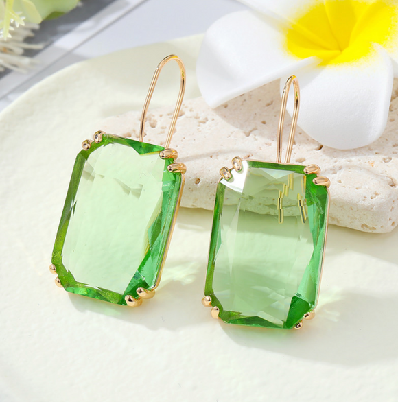Goldtone & Green Transparent Crystal Rectangular Earrings