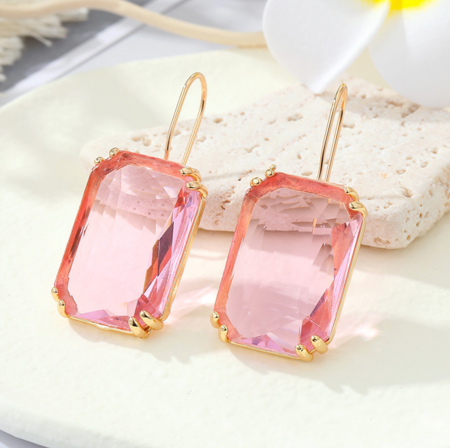 Goldtone & Colored Transparent Rectangular Earrings