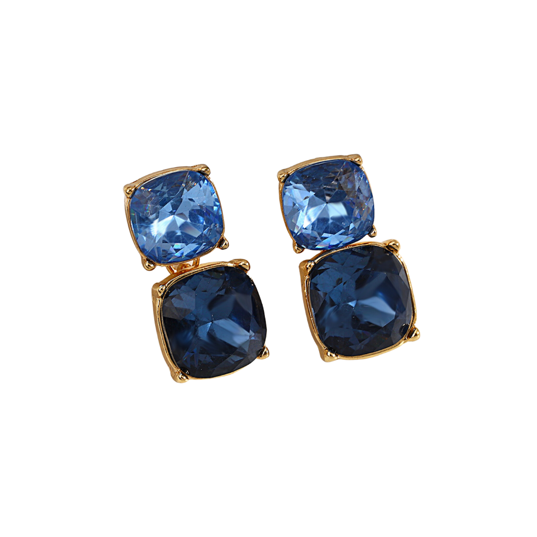 A pair of goldtone and blue ombre crystal earrings with a glossy finish and post backings.