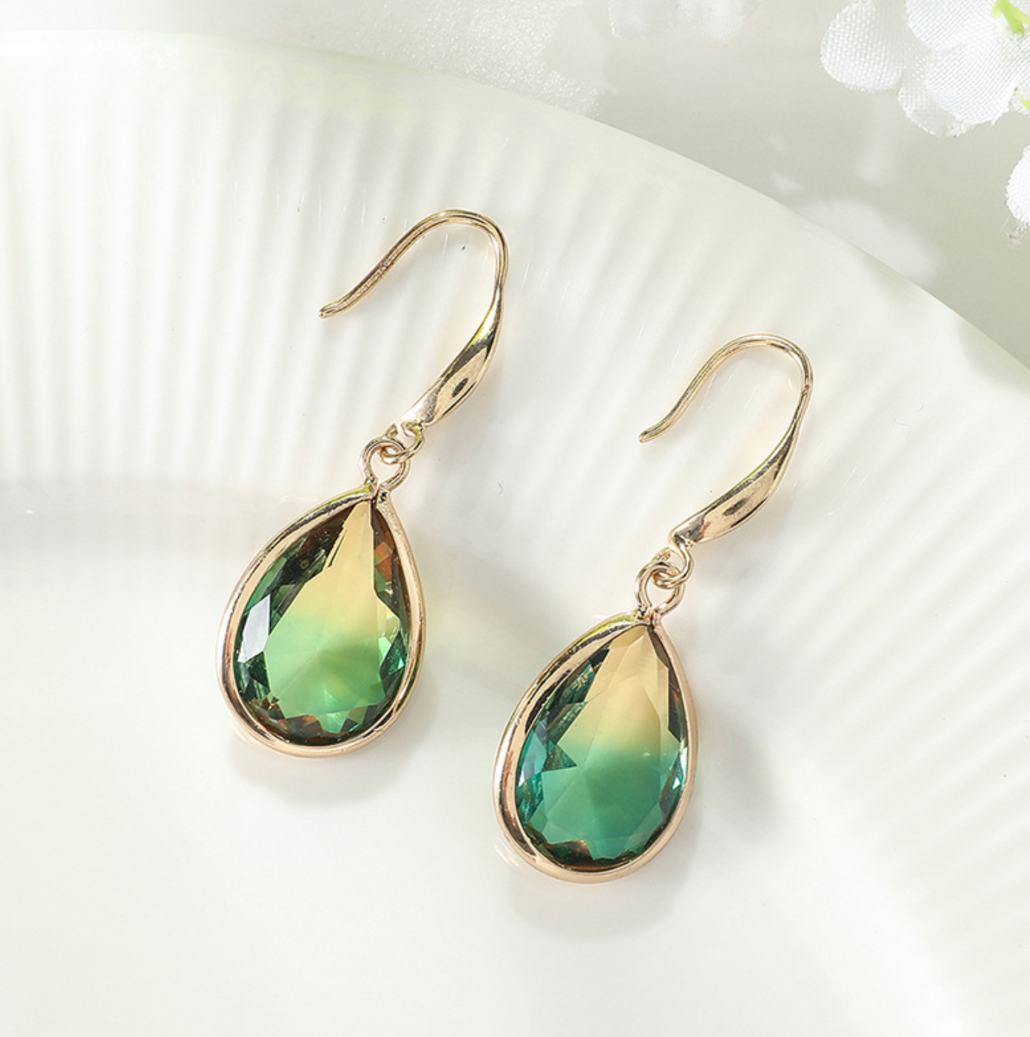 Yellow & Green Ombre Crystal Teardrop Drop Earrings