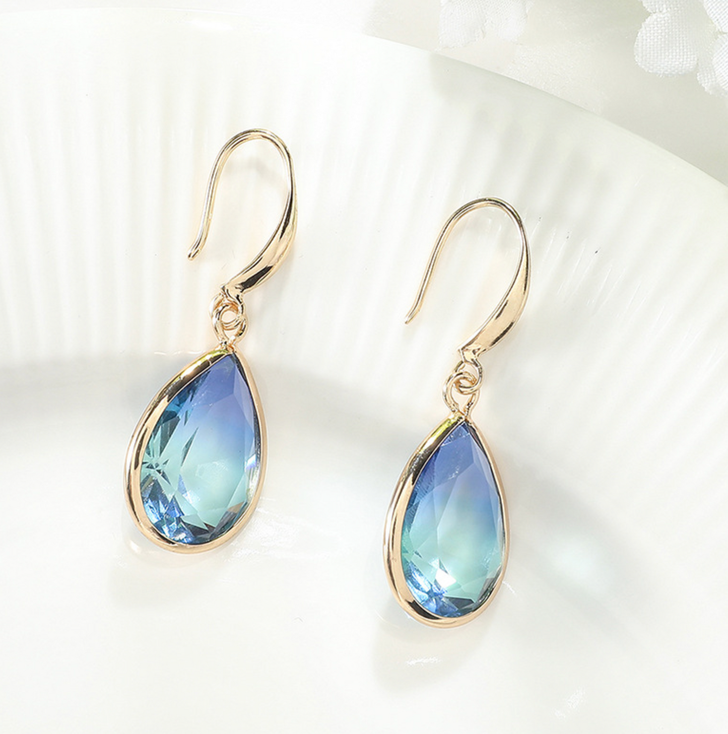 Goldtone & Blue Green Ombre Teardrop Drop Earrings