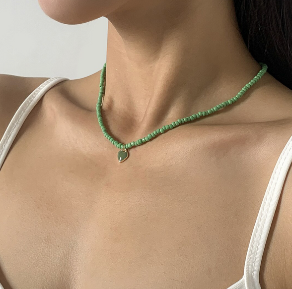 Green Beaded Dainty Heart Necklace