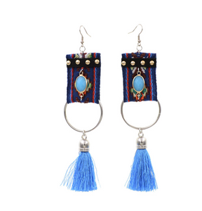 Silvertone Blue Stitched Drop Earrings With Tassel