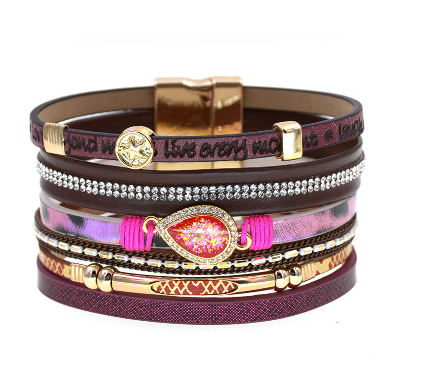 Pink Crystal and Goldtone Stacked Bracelet