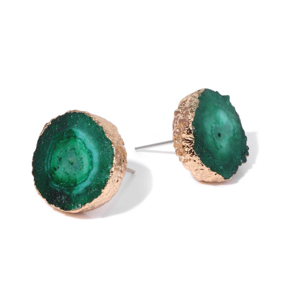 Goldtone & Emerald Green Druzy Circular Stud Earrings