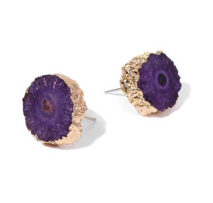 Goldtone & Purple Circular Druzy Stud Earrings