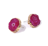 Goldtone & Fuchsia Pink Druzy Circular Stud Earrings