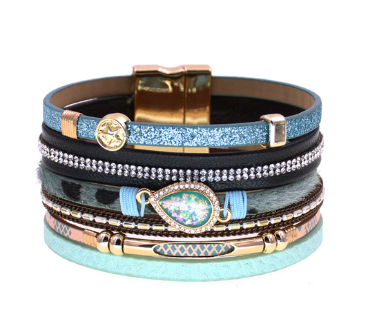 Black & Blue Multi-strand Crystal Teardrop Faux Leather Bracelet