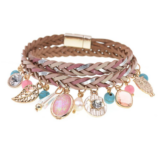 Leather Braided Wrap Bracelet With Freshwater Pearls And Gold Charms