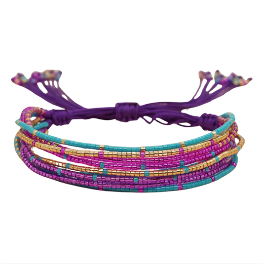 Purple & Teal Beaded Multi-strand Adjustable Bracelet