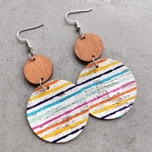 Wooden & Multi Colored Dual Circle Drop Earrings