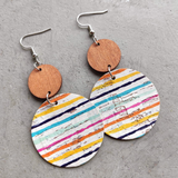 Wooden & Multi Colored Striped Dual Circle Drop Earrings