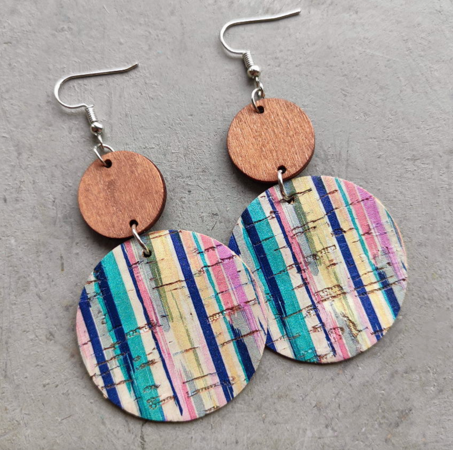 Wooden & Multi Colored Dual Circle Drop Earrings