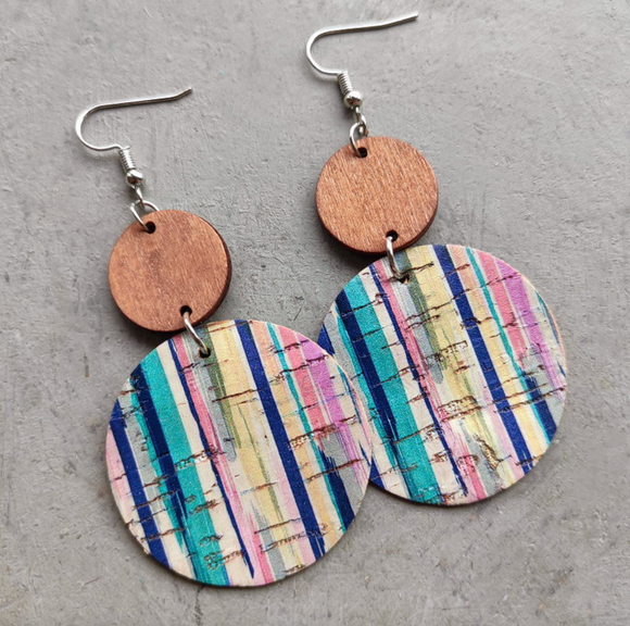 Wooden & Striped Multi Colored Dual Circle Drop Earrings