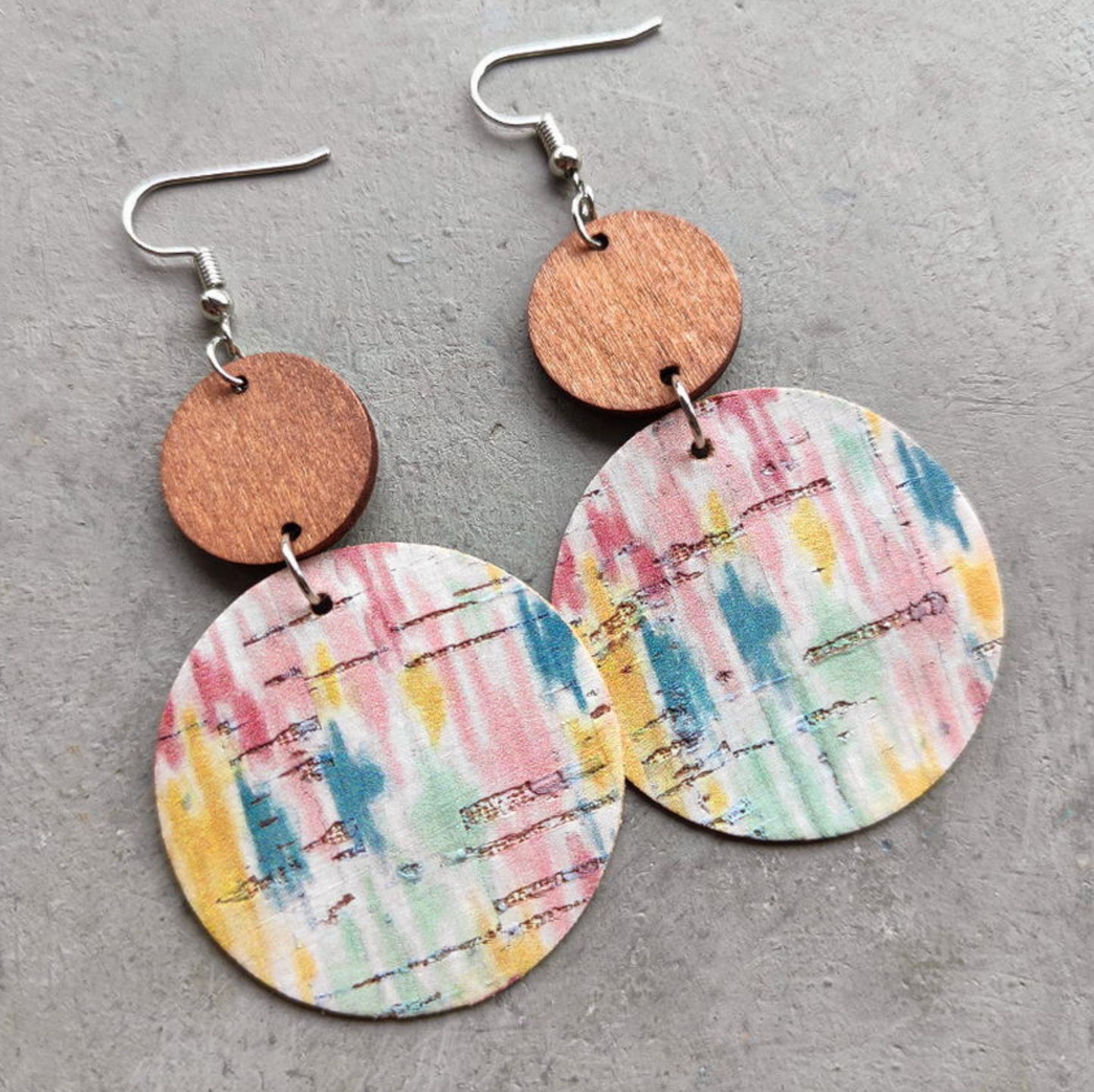 Wooden & Multi Colored Dual Circle Drop Earrings