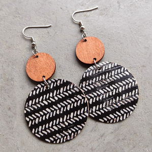 Wooden & Black And White Circular Drop Earrings