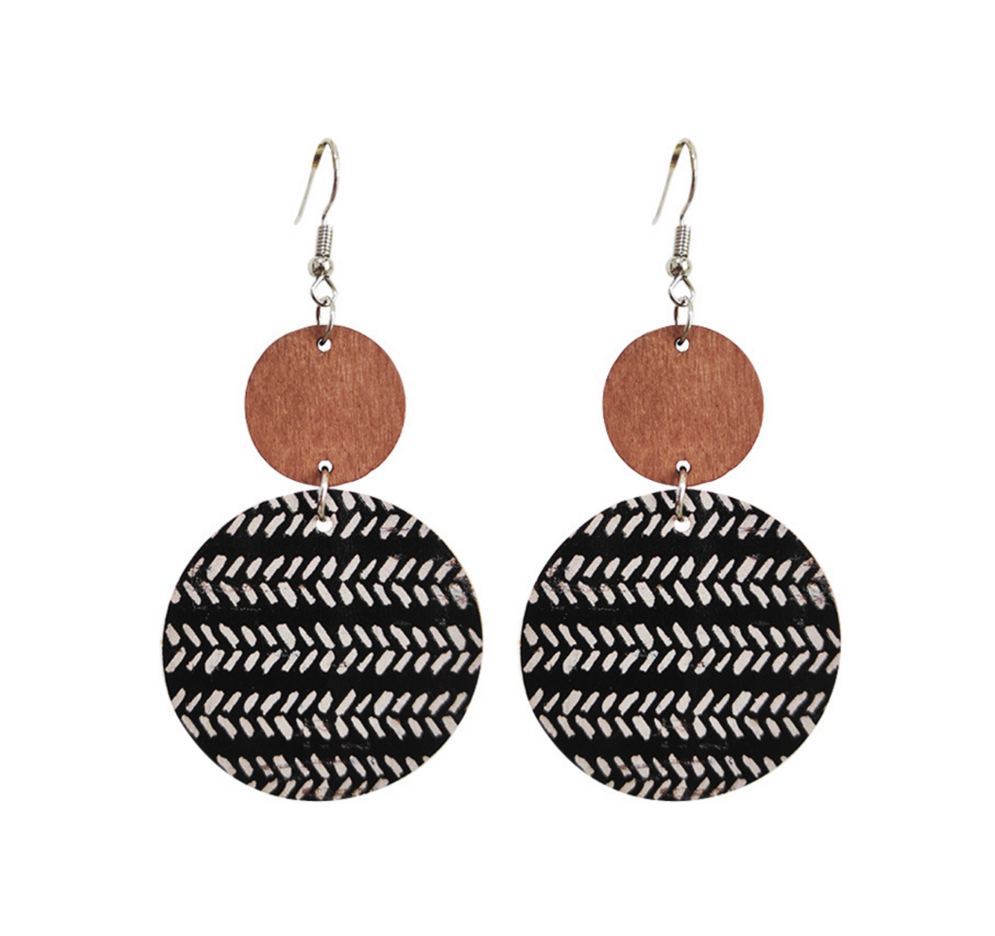 Wooden & Black And White Circular Drop Earrings