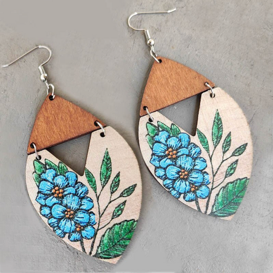 Wooden & Floral Marquis Drop Earrings