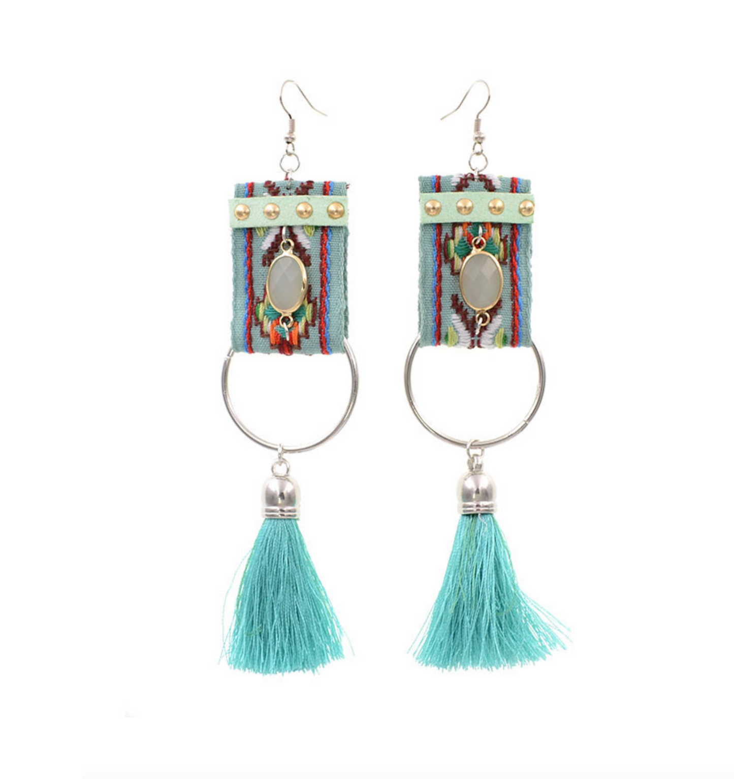 Silvertone Stitched Drop Earrings with Tassel