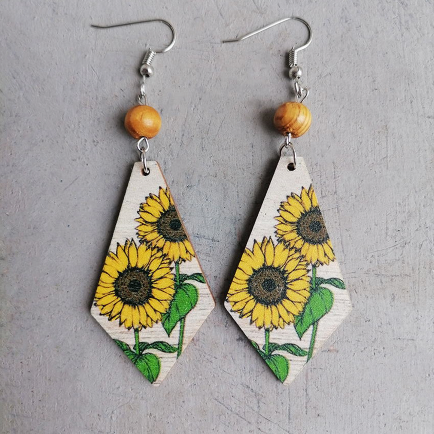 Wooden Bead & Sunflower Drop Earrings