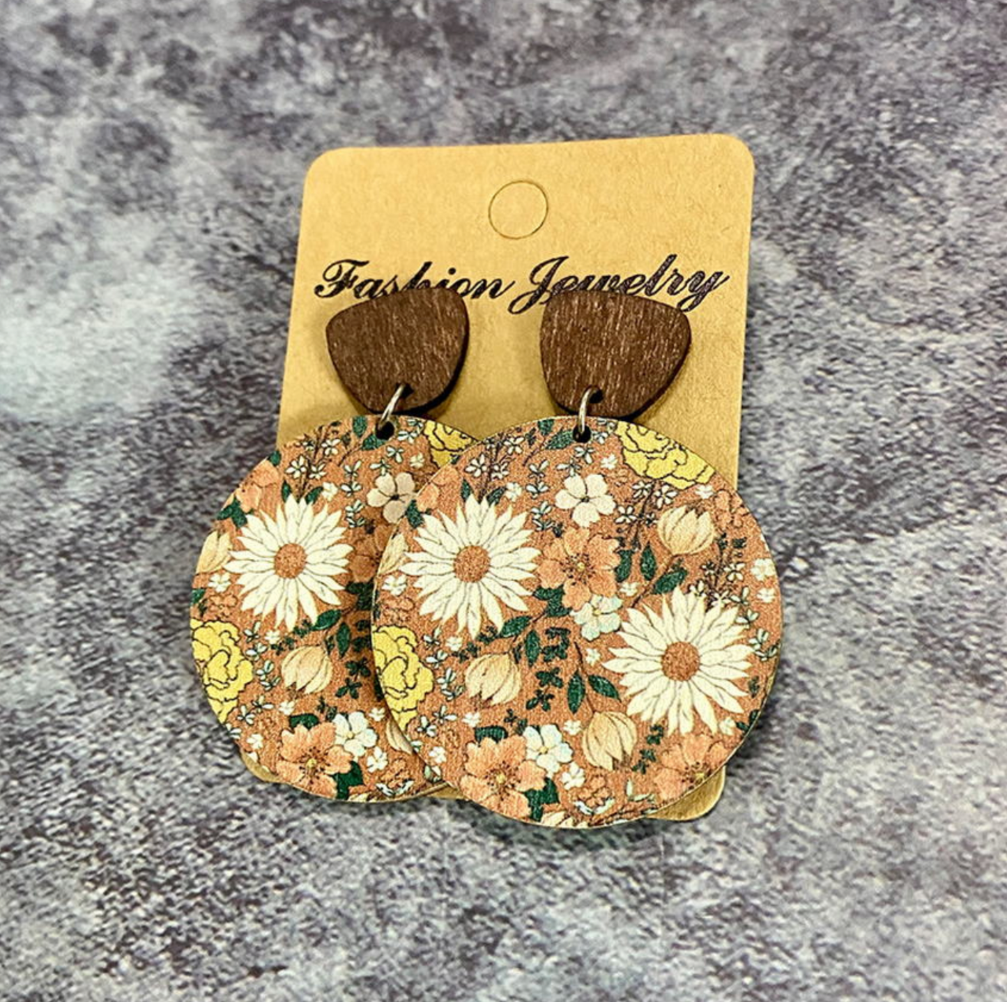 Wooden Circular Flower Drop Earrings