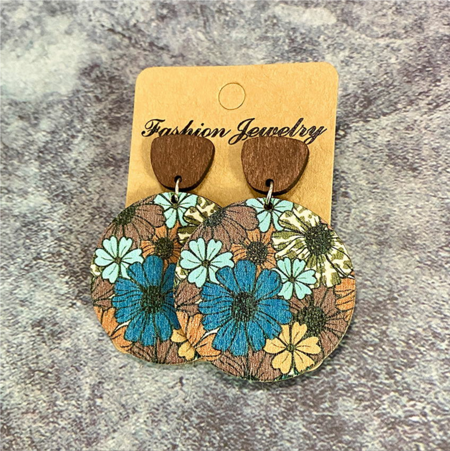 Blue & Brown Floral Round Drop Earrings